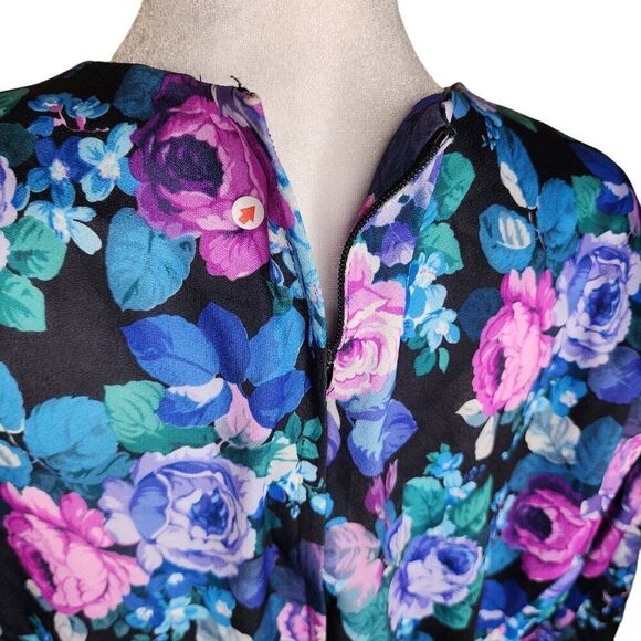 Vintage 80s Long Sleeve Blouson Floral Dress Womens Size 2XL Blue Purple - Picture 5 of 6
